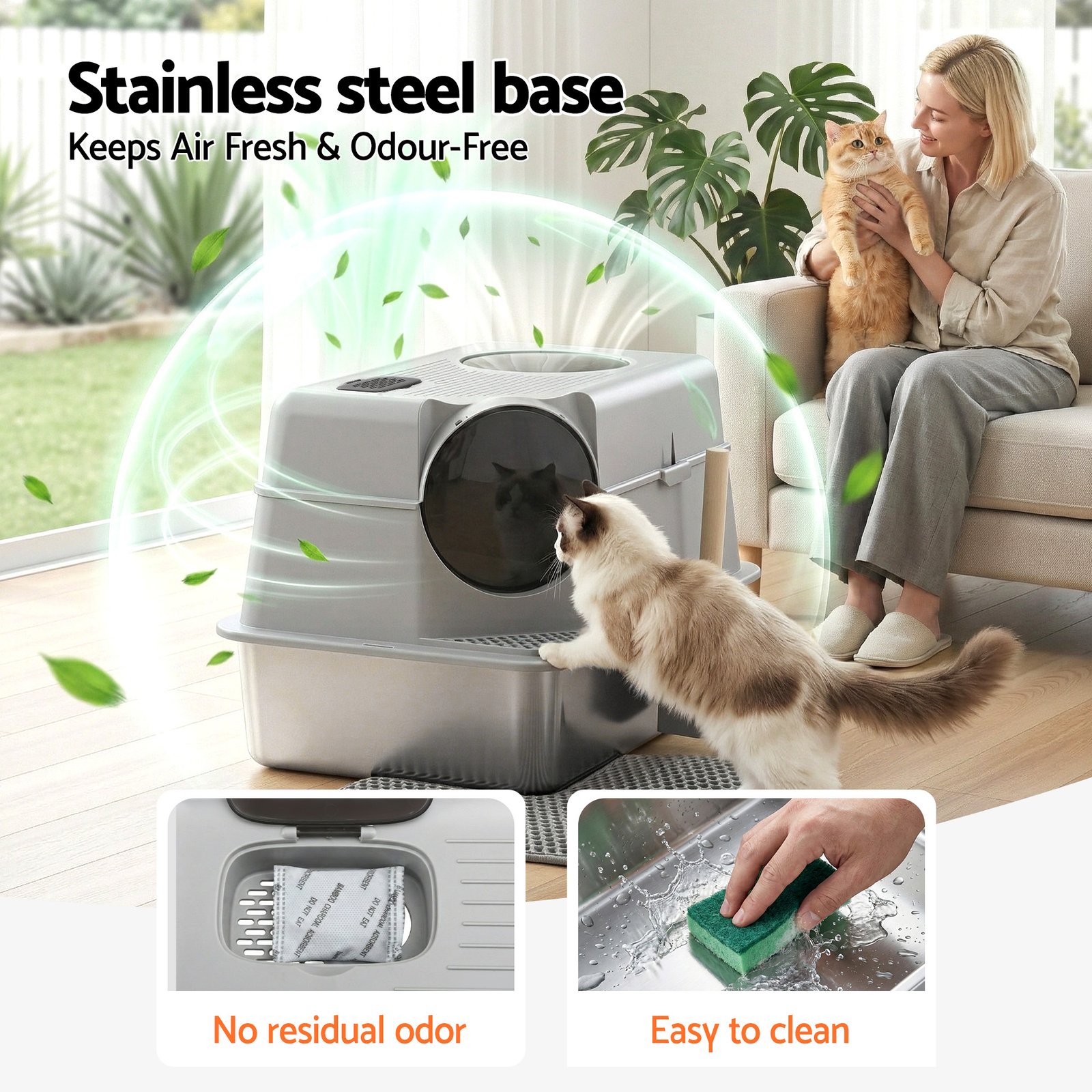 Stainless Steel Cat Litter Box – Large High-Sided Set 4 i.Pet Cat Litter Box Large Stainless Steel High Sided Pet Toilet Odour Control – photo 4