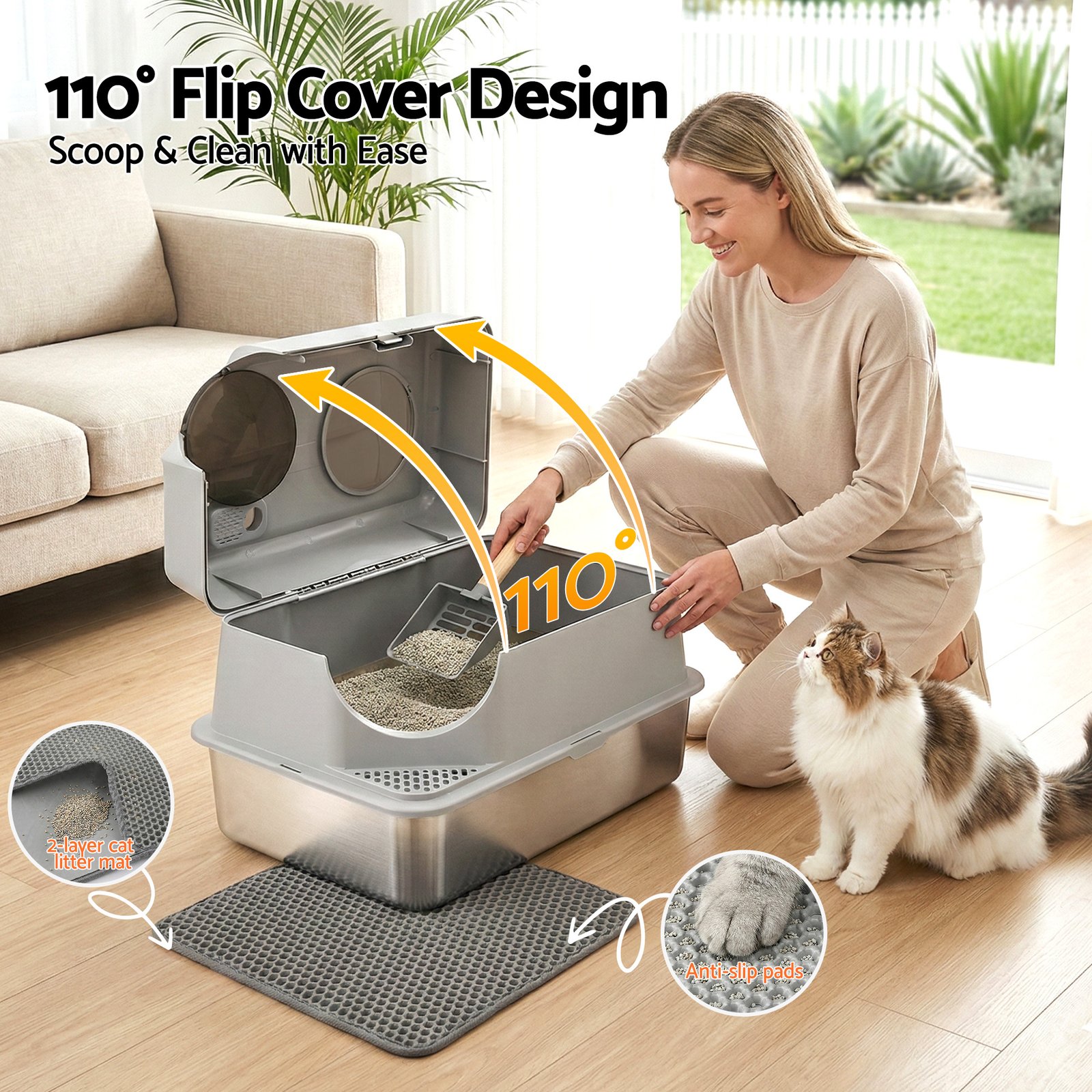 Stainless Steel Cat Litter Box – Large High-Sided Set 5 i.Pet Cat Litter Box Large Stainless Steel High Sided Pet Toilet Odour Control – photo 5