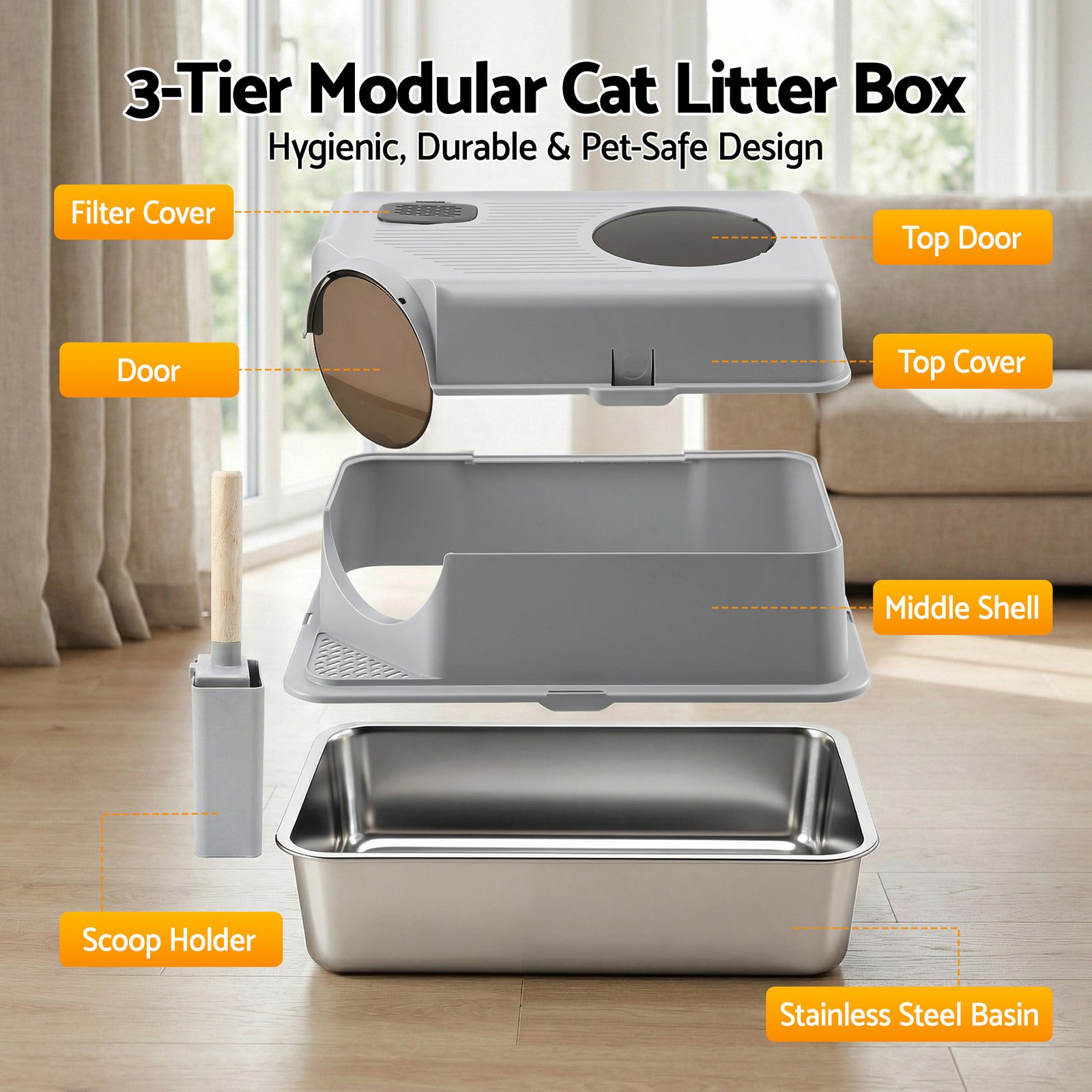 Stainless Steel Cat Litter Box – Large High-Sided Set 8 i.Pet Cat Litter Box Large Stainless Steel High Sided Pet Toilet Odour Control – photo 8