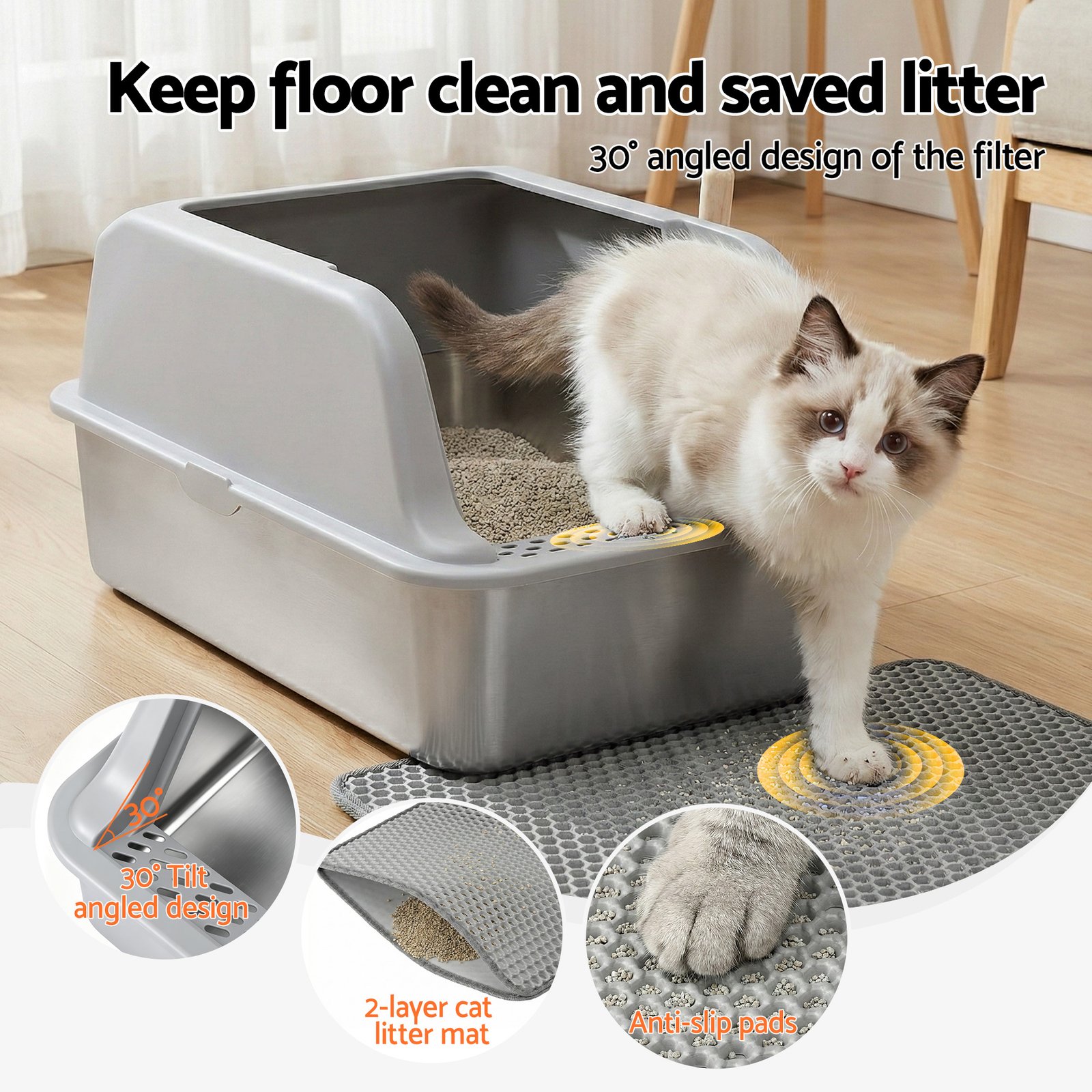 Semi Enclosed Stainless Steel Cat Litter Box - Large 5 i.Pet Cat Litter Box Stainless Steel Large Semi-Enclosed Pet Kitty Toilet Grey – photo 5