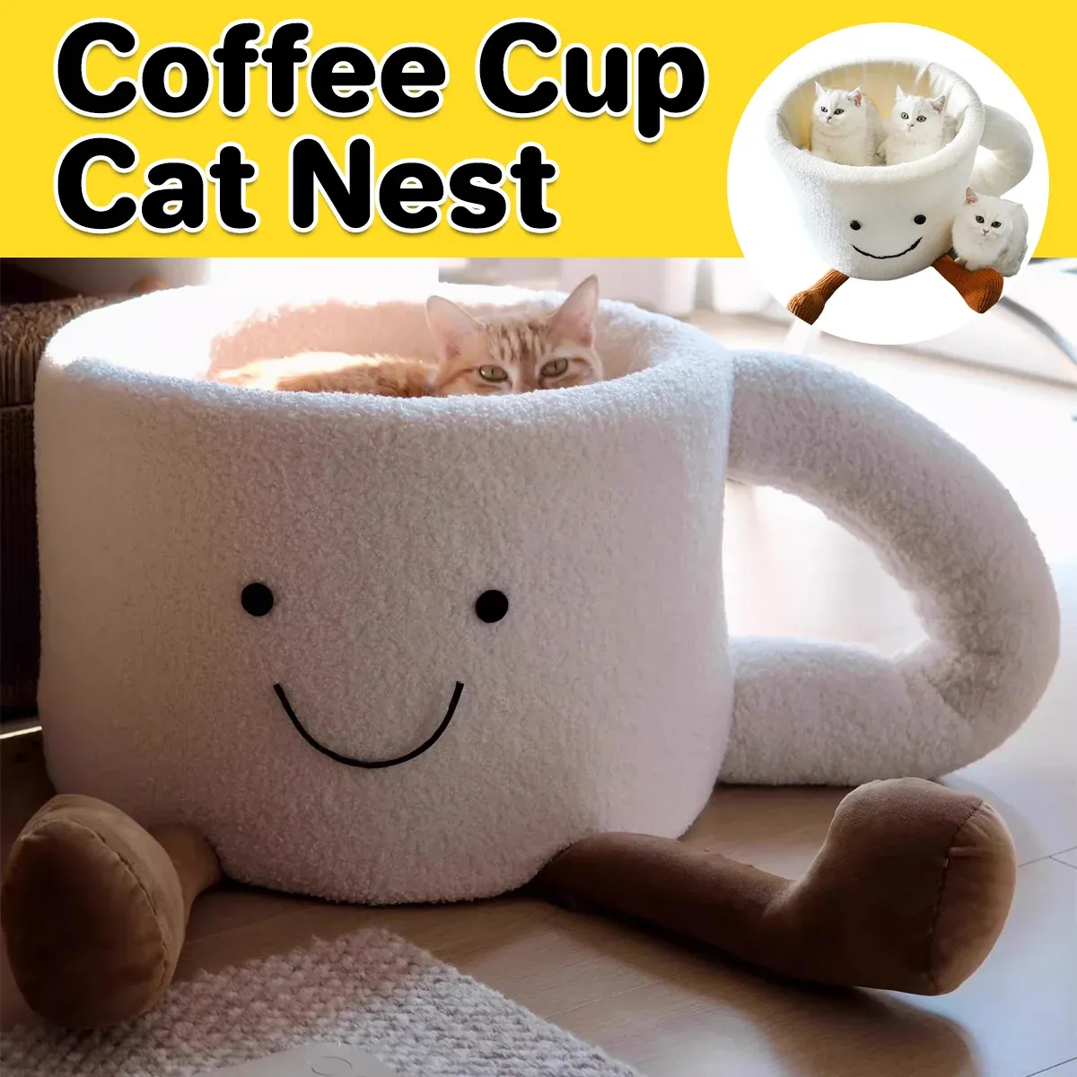 Coffee Cup Cat Bed - Cosy Plush Enclosed Pet Nest 14 Cat Bed Coffee Cup Shape Cartoon Pet Bed Soft Nest Small Pets Sleeping Indoor – photo 14