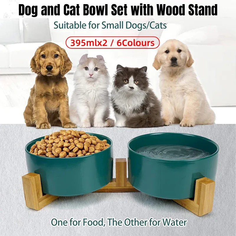 Elevated Ceramic Pet Bowl Set with Bamboo Stand 2 Ceramic Pet Bowl Double Cat Food Bowl Dog Water Bowl Feeding Drinking Bowl Set - Pink – photo 2