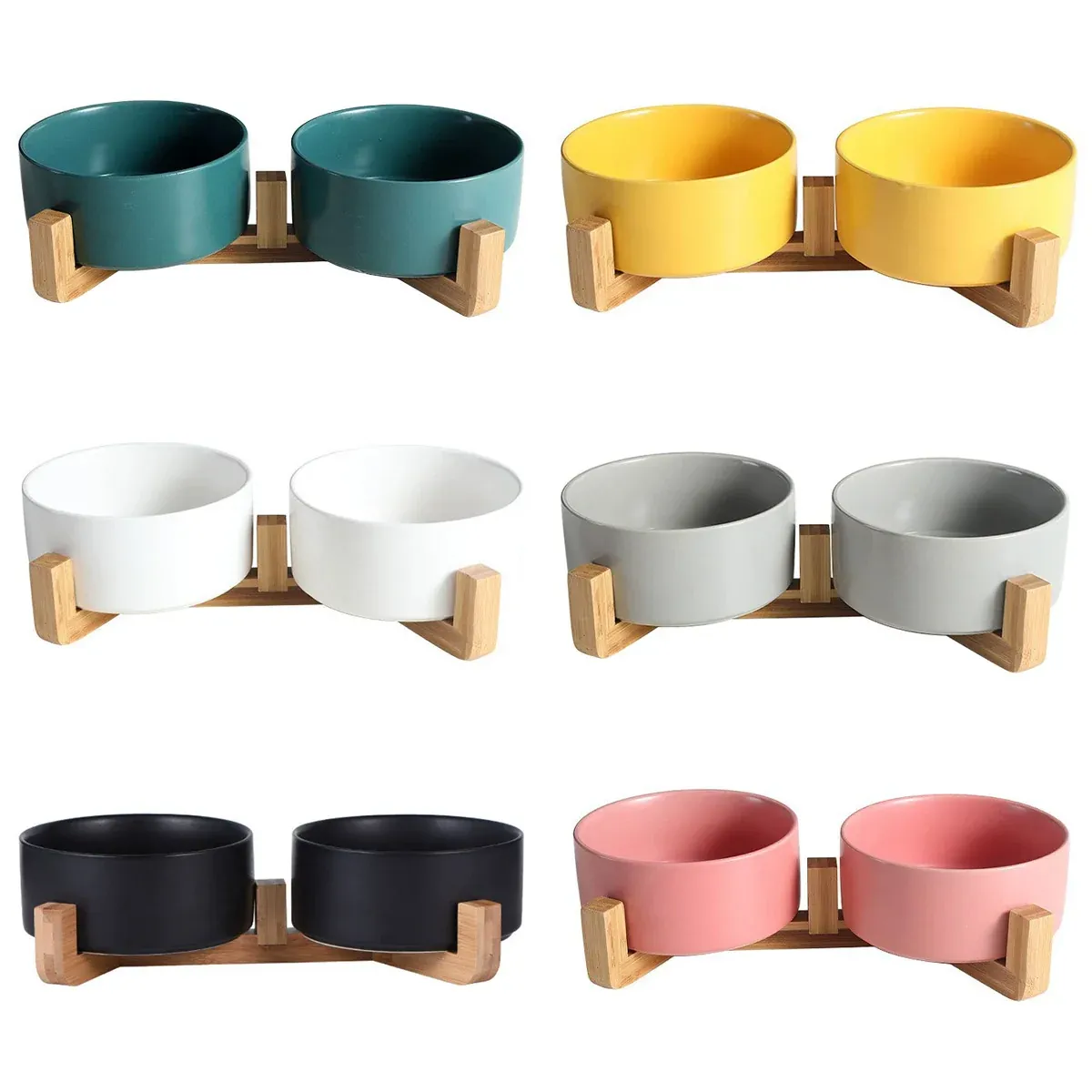 Elevated Ceramic Pet Bowl Set with Bamboo Stand 3 Ceramic Pet Bowl Double Cat Food Bowl Dog Water Bowl Feeding Drinking Bowl Set - Pink – photo 3