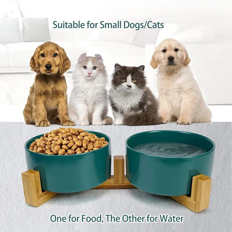 Elevated Ceramic Pet Bowl Set with Bamboo Stand 5 Ceramic Pet Bowl Double Cat Food Bowl Dog Water Bowl Feeding Drinking Bowl Set - Pink – photo 5