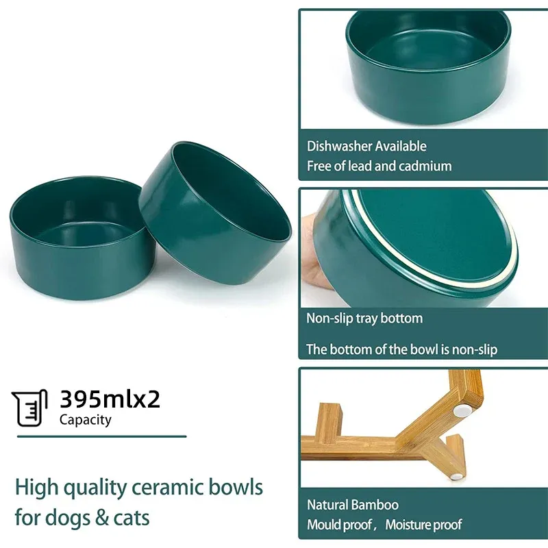 Elevated Ceramic Pet Bowl Set with Bamboo Stand 7 Ceramic Pet Bowl Double Cat Food Bowl Dog Water Bowl Feeding Drinking Bowl Set - Pink – photo 7