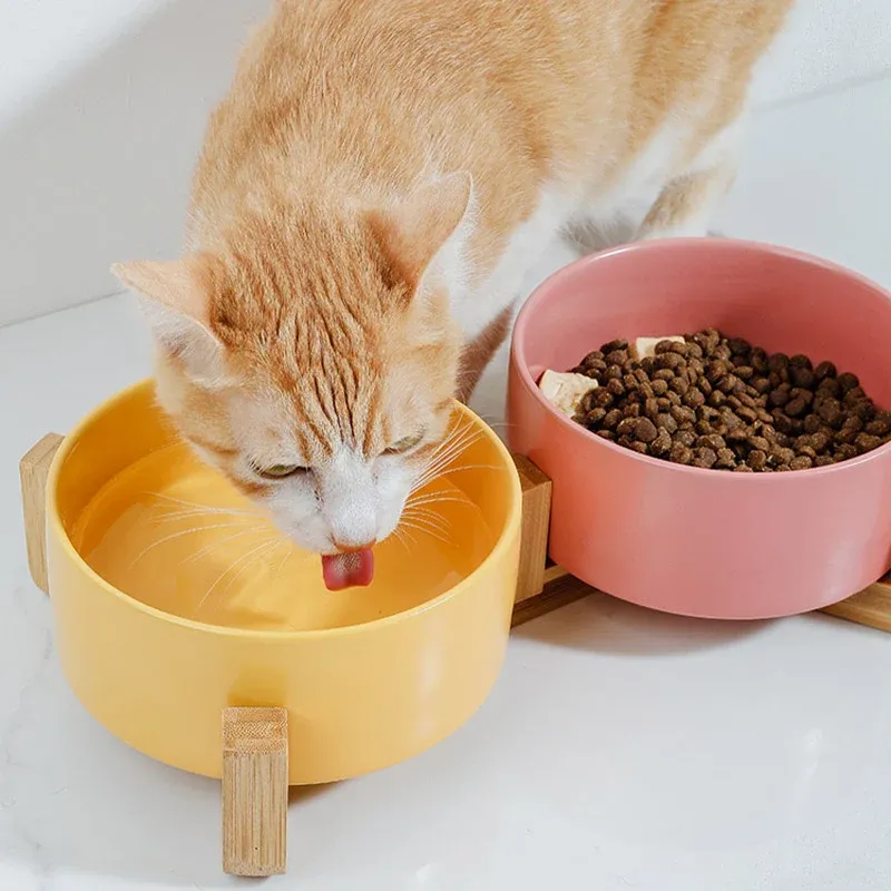Elevated Ceramic Pet Bowl Set with Bamboo Stand 13 Ceramic Pet Bowl Double Cat Food Bowl Dog Water Bowl Feeding Drinking Bowl Set - Pink – photo 13