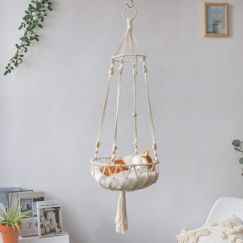 Bohemian Macrame Cat Hammock - Hanging Pet Swing Bed 1 Pet Hammock for Cats with Wooden Beads - Pet Swing padding not included (Diameter : 40cm)