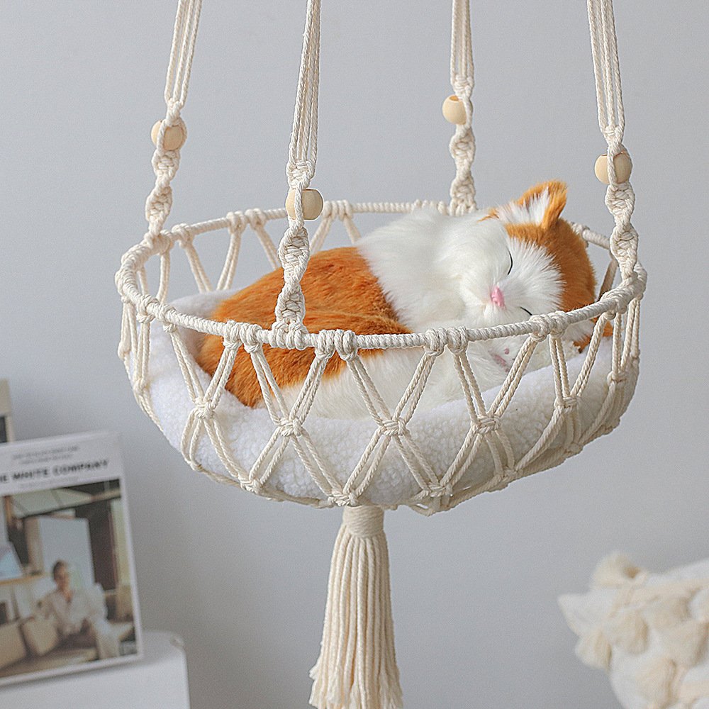Bohemian Macrame Cat Hammock - Hanging Pet Swing Bed 2 Pet Hammock for Cats with Wooden Beads - Pet Swing padding not included (Diameter : 40cm) – photo 2