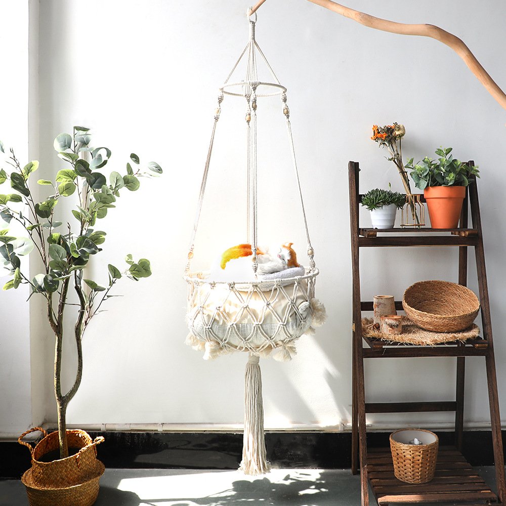 Bohemian Macrame Cat Hammock - Hanging Pet Swing Bed 3 Pet Hammock for Cats with Wooden Beads - Pet Swing padding not included (Diameter : 40cm) – photo 3