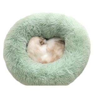 home 8 Green Cozy Donut Long Plush Cat & Dog Calming Bed(Diameter 50cm) - Double-Layer PP Cotton Filling Warming Pet Bed with Anti-Slip Base & Free Blanket