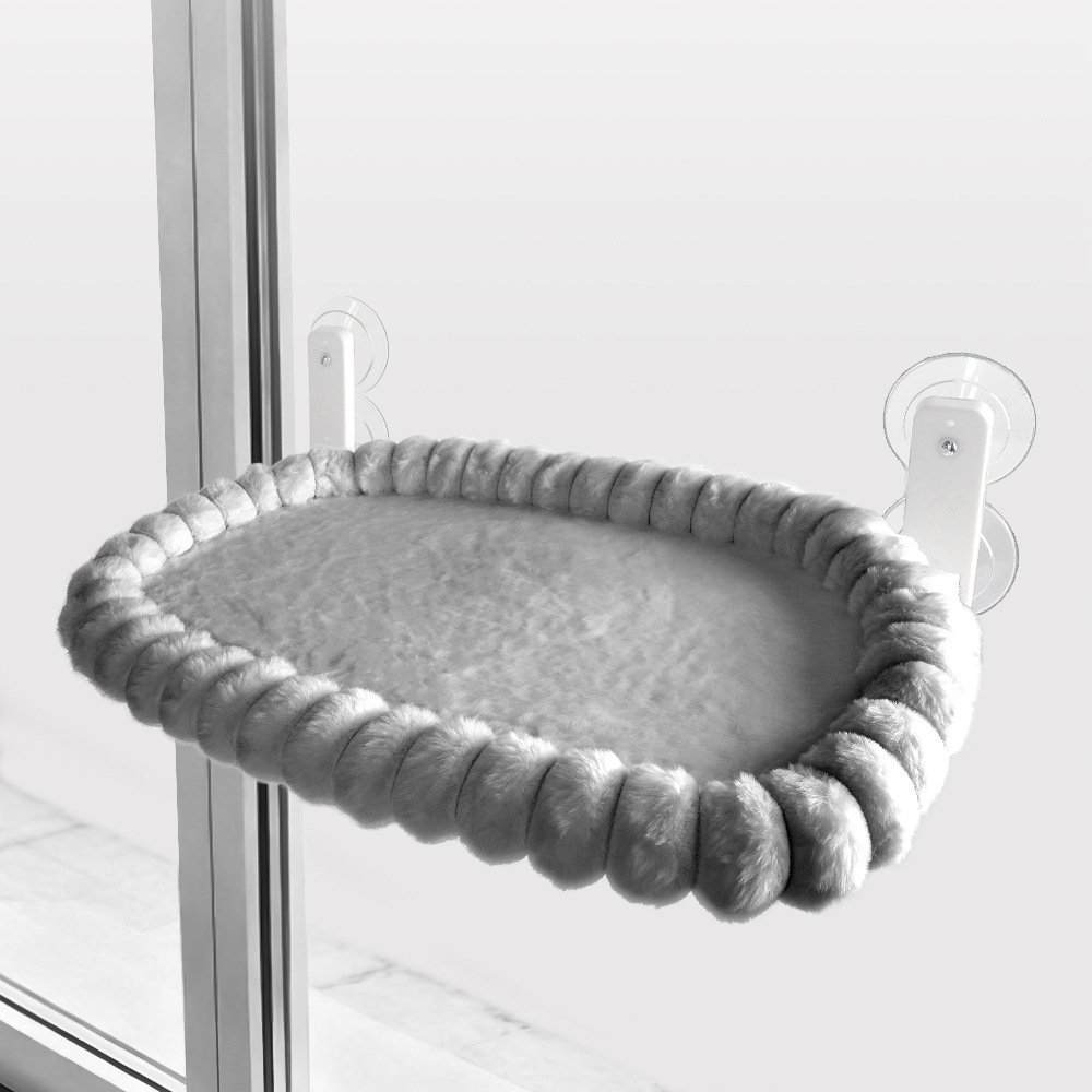 Plush Cat Window Hammock - Suction Cup Sunbathing Perch 1 Grey Plush Cat Window Hammock with Strong Suction Cups, Faux Rabbit Fur Pet Bed for Cats and Small Dogs, Space-Saving Foldable Hanging Cat Perch for Sunbathing and Relaxation