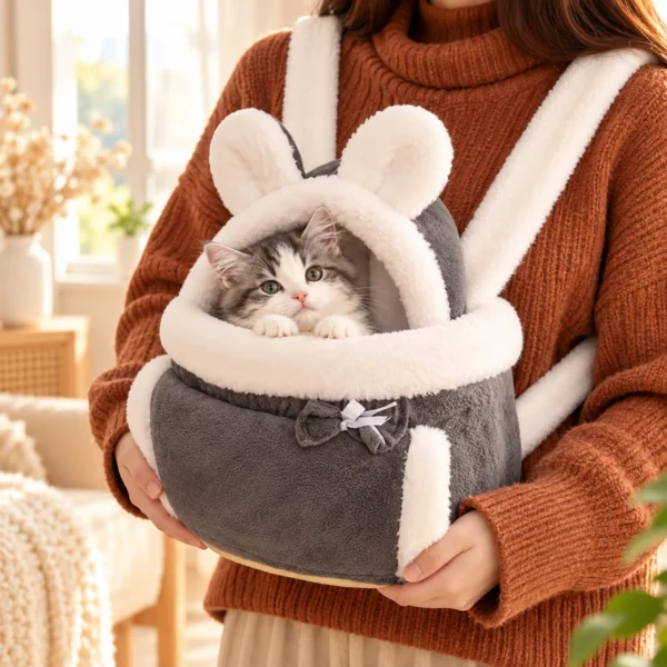 2-in-1 Ultra Soft Plush Pet Carrier & Mobile Bed - Portable & Lightweight Cute Rabbit Ear Design Travel Cabin