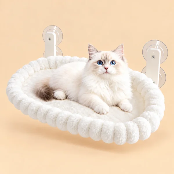Plush Cat Window Hammock with Strong Suction Cups, Faux Rabbit Fur Pet Bed for Cats and Small Dogs, Space-Saving Foldable Hanging Cat Perch for Sunbathing and Relaxation
