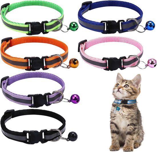 6-Pack Cat Collars with Bells - Reflective & Adjustable Safety Buckle 1 6-pack cat collars - cat collars with safety buckle - pet collars - dog collars - cat collars with bells - reflective cat collars - adjustable cat collars