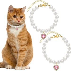 2 Pack Pearl Cat Collars with Heart Pendants, Adjustable Rhinestone Pet Necklaces for Cats, Puppies and Small Dogs, Wedding and Party Wear