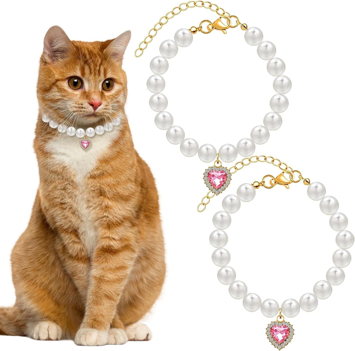 Pearl Cat Collars with Heart Pendant - 2 Pack 1 2 Pack Pearl Cat Collars with Heart Pendants, Adjustable Rhinestone Pet Necklaces for Cats, Puppies and Small Dogs, Wedding and Party Wear
