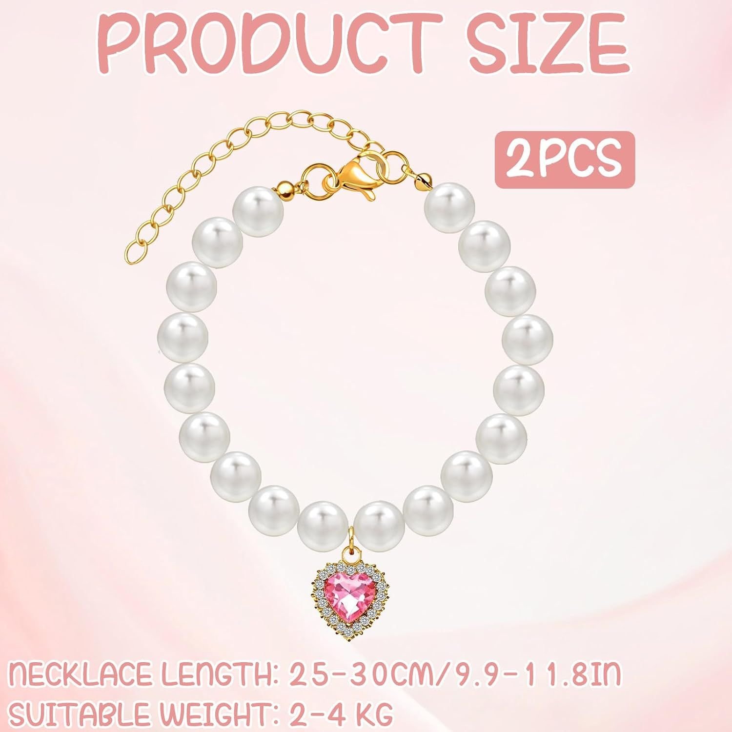 Pearl Cat Collars with Heart Pendant - 2 Pack 2 2 Pack Pearl Cat Collars with Heart Pendants, Adjustable Rhinestone Pet Necklaces for Cats, Puppies and Small Dogs, Wedding and Party Wear – photo 2