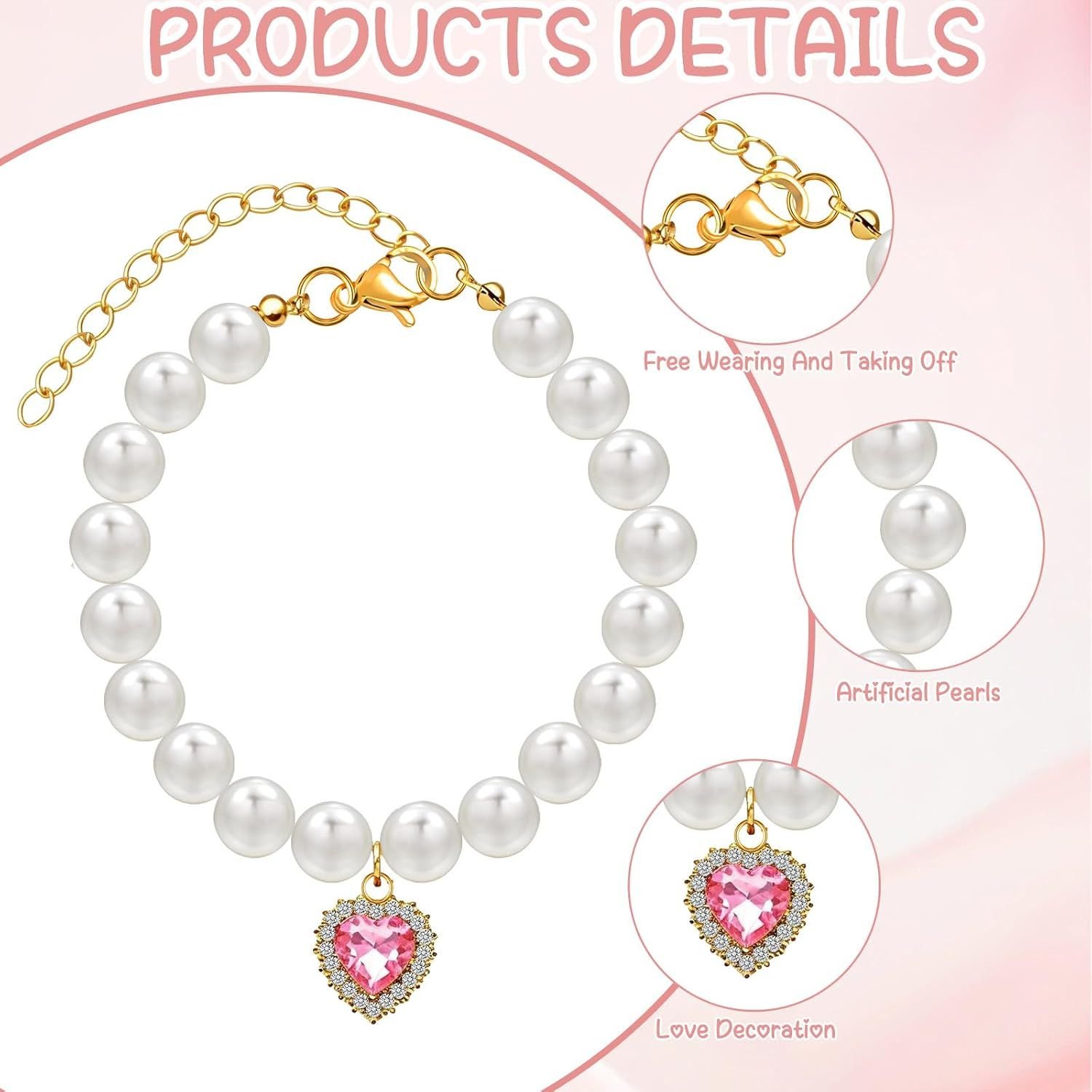Pearl Cat Collars with Heart Pendant - 2 Pack 3 2 Pack Pearl Cat Collars with Heart Pendants, Adjustable Rhinestone Pet Necklaces for Cats, Puppies and Small Dogs, Wedding and Party Wear – photo 3
