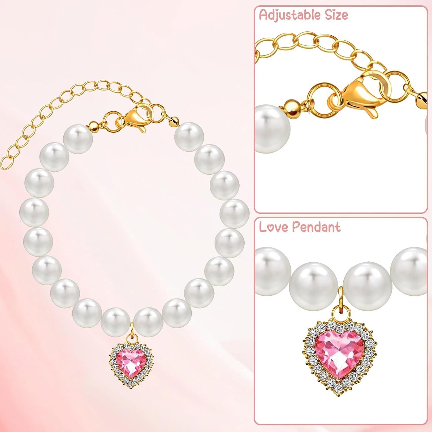 Pearl Cat Collars with Heart Pendant - 2 Pack 6 2 Pack Pearl Cat Collars with Heart Pendants, Adjustable Rhinestone Pet Necklaces for Cats, Puppies and Small Dogs, Wedding and Party Wear – photo 6