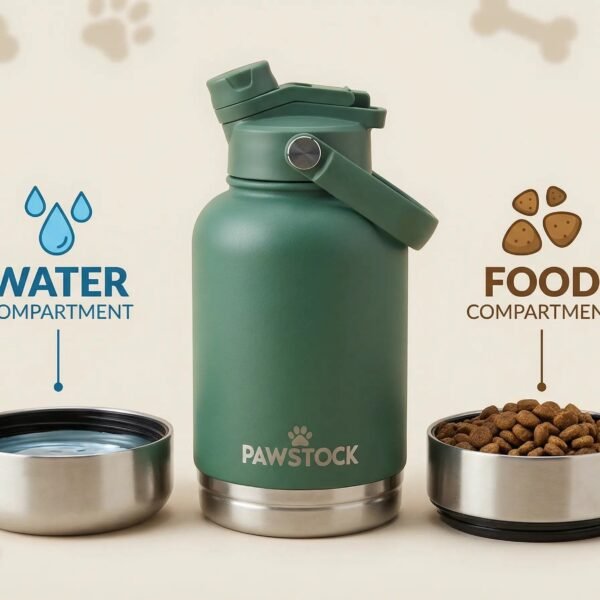 Pawstock 3-in-1 Insulated Dog Water Bottle with Dual Bowls – 1L Stainless Steel Travel Bottle-Rainforest Green