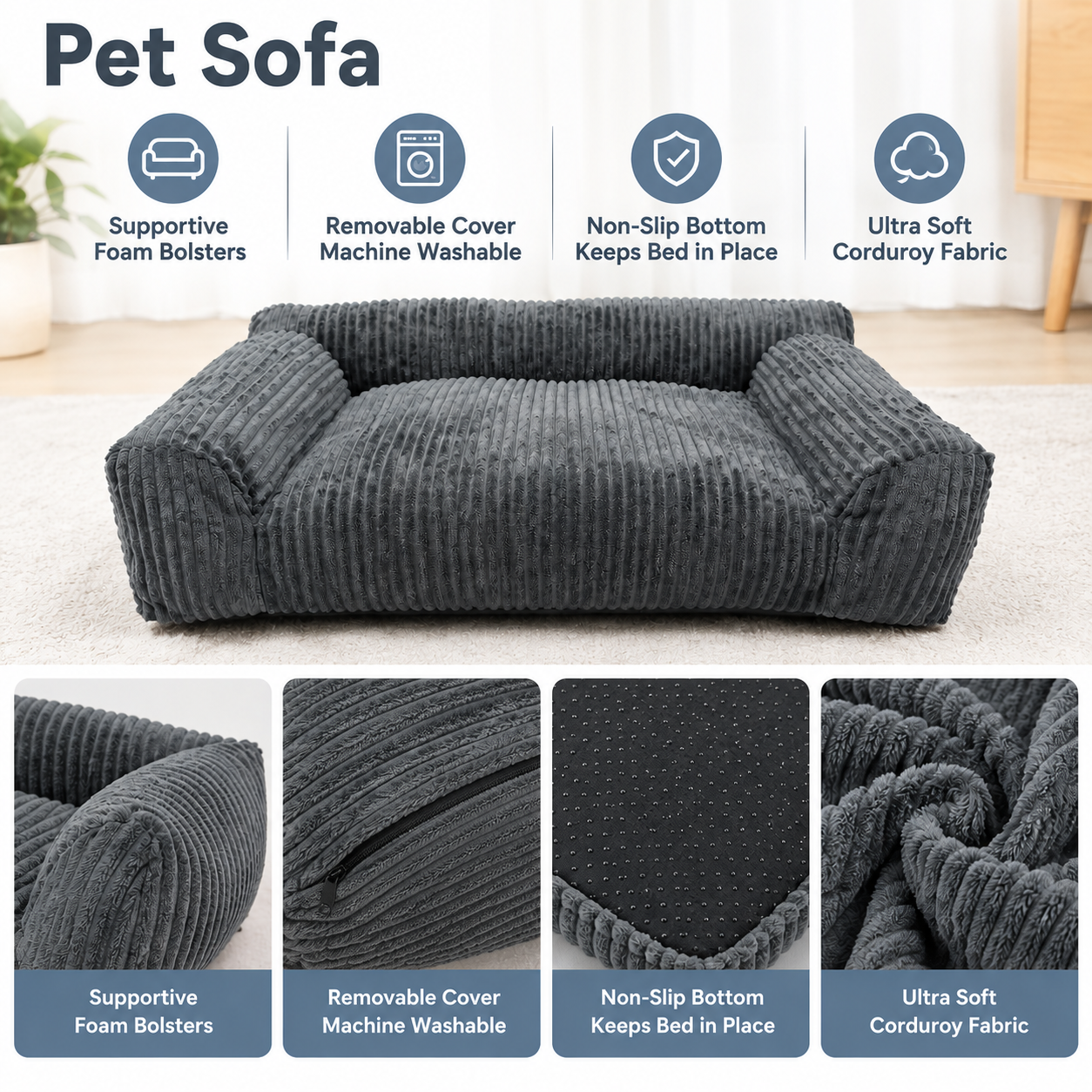 Corduroy Pet Sofa Bed for Cats & Small Dogs 2 Soft Corduroy Pet Sofa Bed with Bolster Support for Cats and Small to Medium Dogs, Machine Washable Cover for Indoor Home Use (Grey) – photo 3