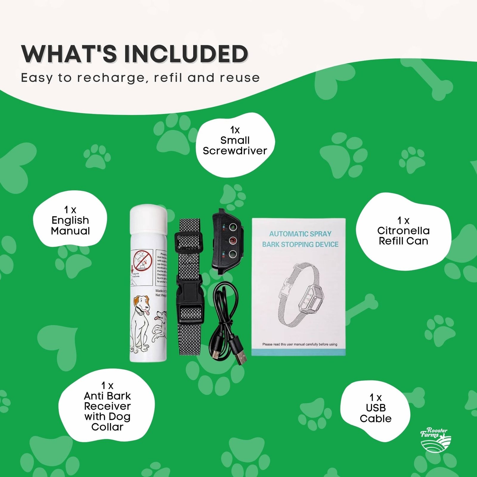 Citronella Dog Bark Collar - Rechargeable & Automatic 9 Rooster Farms Dog Bark Training Collar Citronella + Sound Rechargeable Automatic – photo 9