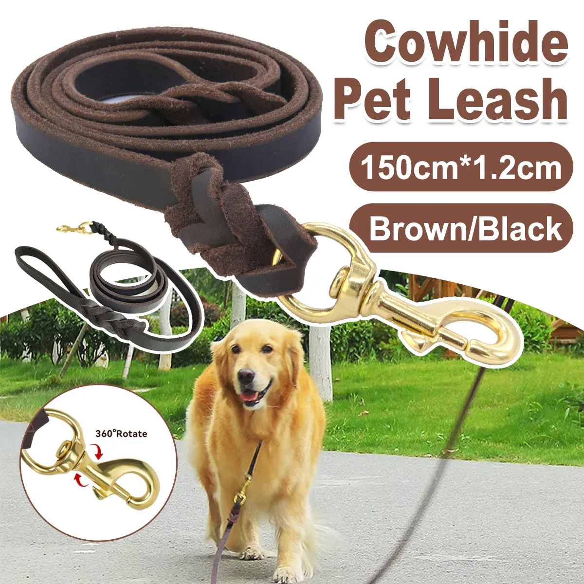 Full Grain Leather Dog Lead - 150cm Brown 2 Dog Leash Cowhide Lead Heavy Duty Leather M Size Brown For Walking Training - Black – photo 2