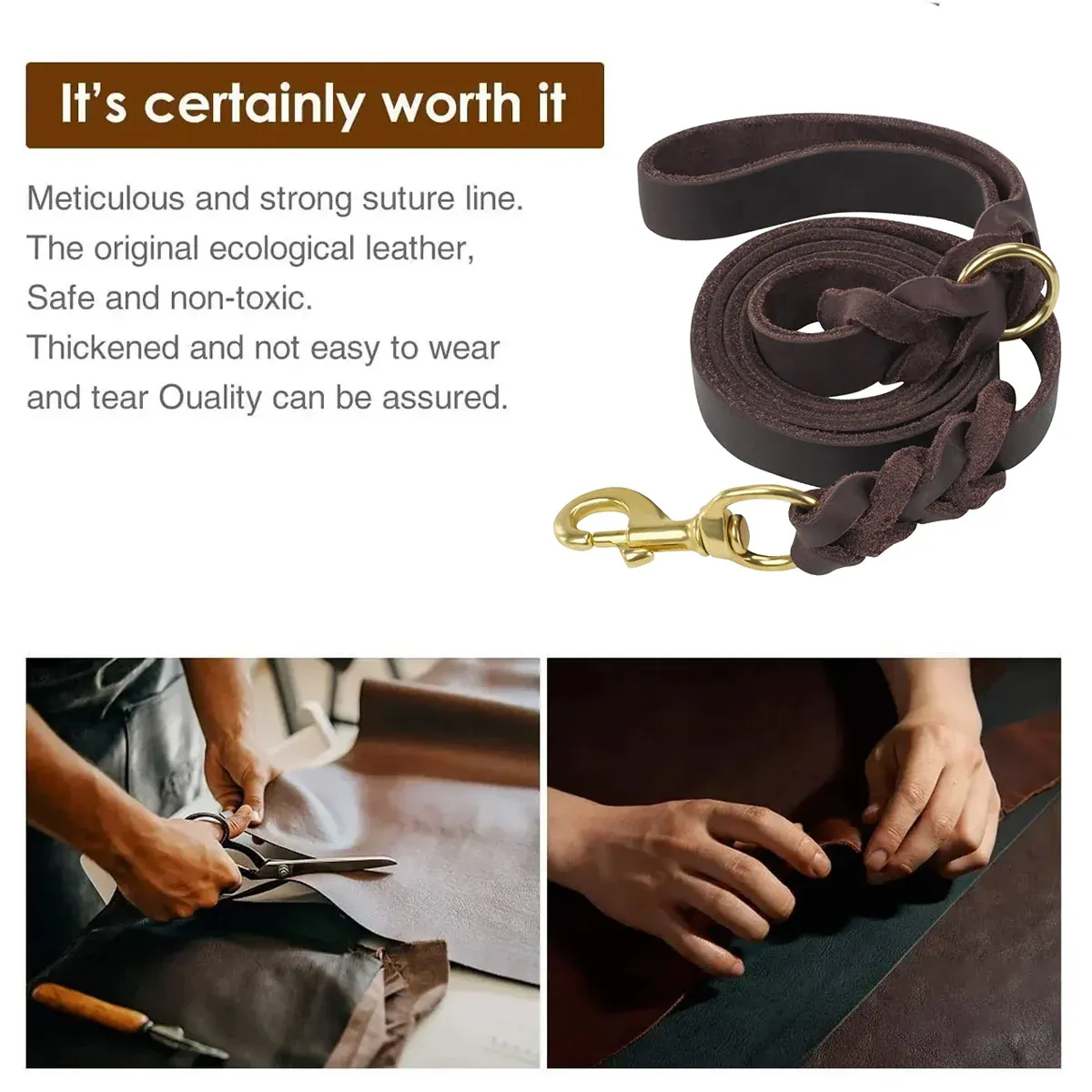 Full Grain Leather Dog Lead - 150cm Brown 9 Dog Leash Cowhide Lead Heavy Duty Leather M Size Brown For Walking Training - Black – photo 9