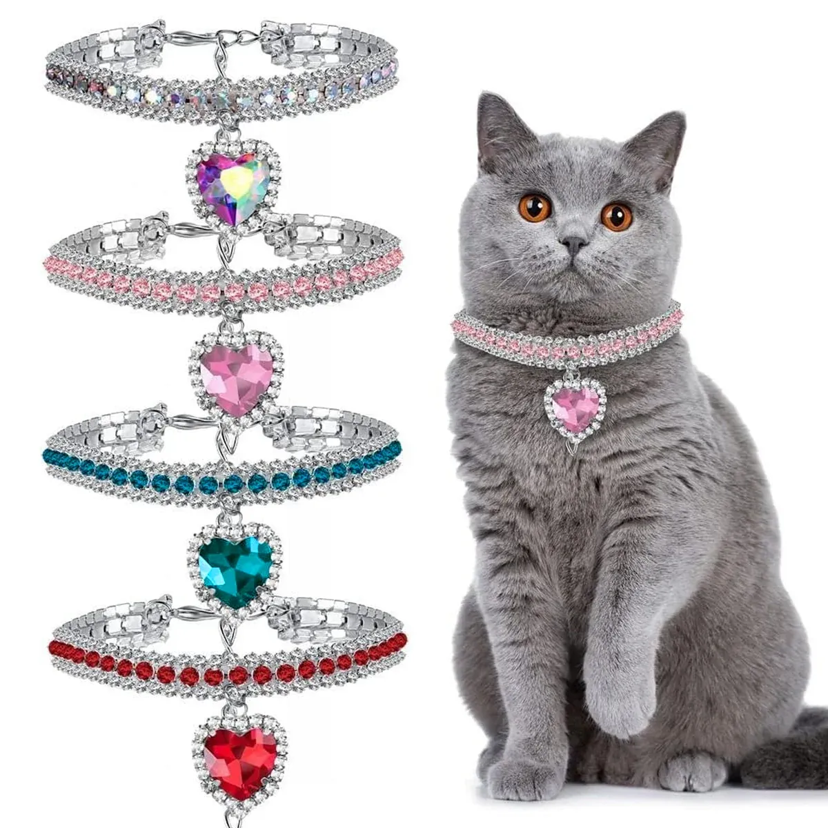 Rhinestone Pet Collars 4-Pack for Cats & Small Dogs 2 Pet Rhinestone Collar 4PCS Heart Pendant Cat Dog Adjustable 16.5-26cm – photo 2