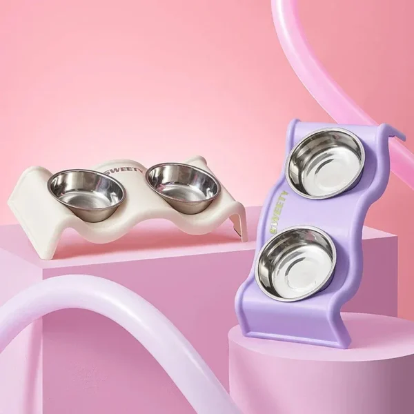 Pet Bowls Stainless Steel Double Bowl Wavy Cat Dog Feeding Dish Nonslip Base - White – photo 12