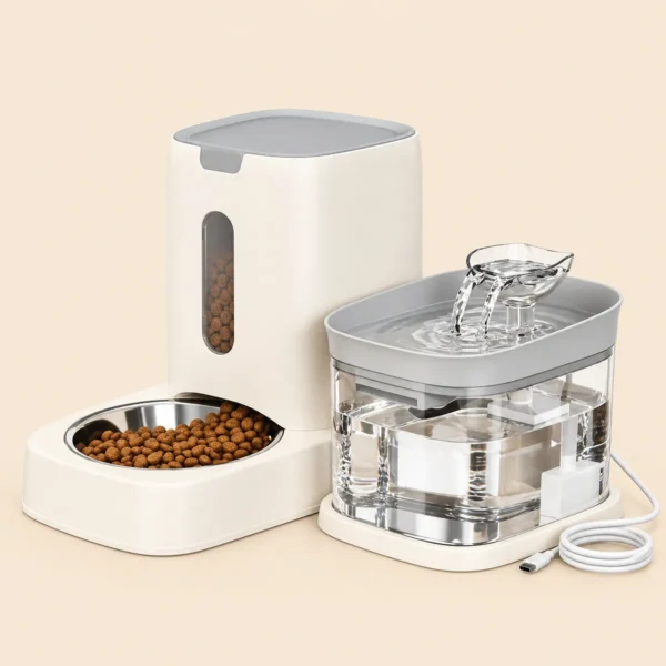 Automatic Cat Feeder and Water 2-in-1 Pet Automatic Fountain Food Bowl Spill-Proof Cat Waterer for Indoor Outdoor Home Vacation Balcony Living Room Bedroom