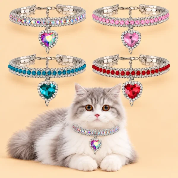 Pet Rhinestone Collar 4PCS Heart Pendant Cat Dog Adjustable 16.5-26cm
