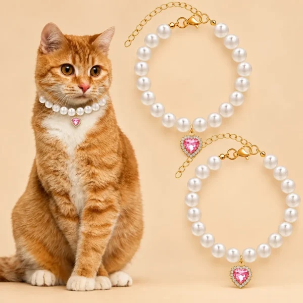 2 Pack Pearl Cat Collars with Heart Pendants, Adjustable Rhinestone Pet Necklaces for Cats, Puppies and Small Dogs, Wedding and Party Wear