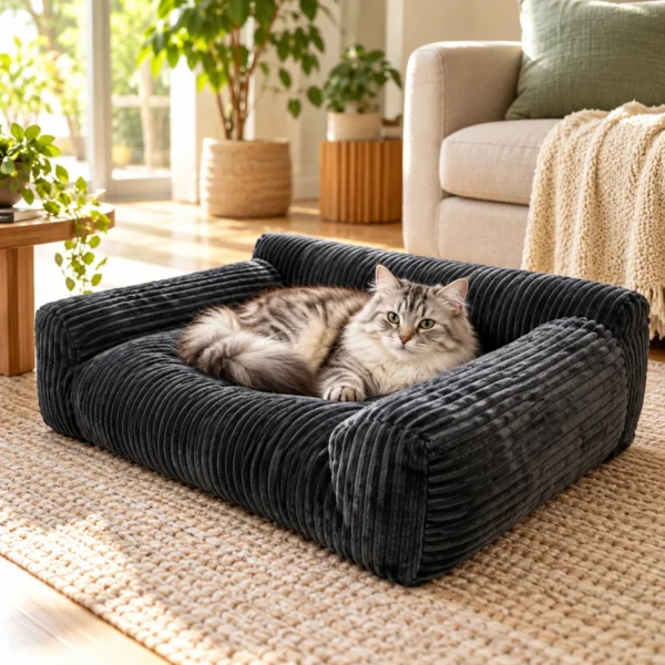 Soft Corduroy Pet Sofa Bed with Bolster Support for Cats and Small to Medium Dogs, Machine Washable Cover for Indoor Home Use